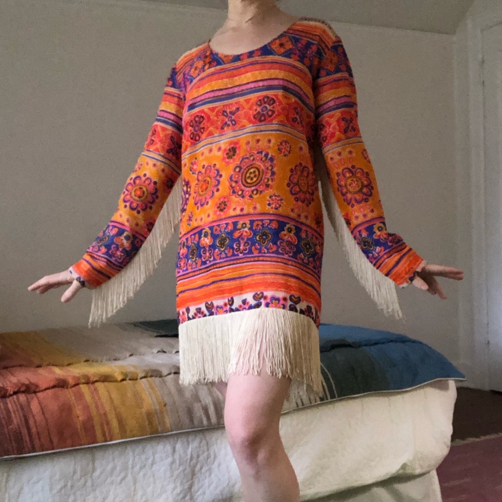 Vintage 70s Cocktail Fringe Dress Psychedelic
